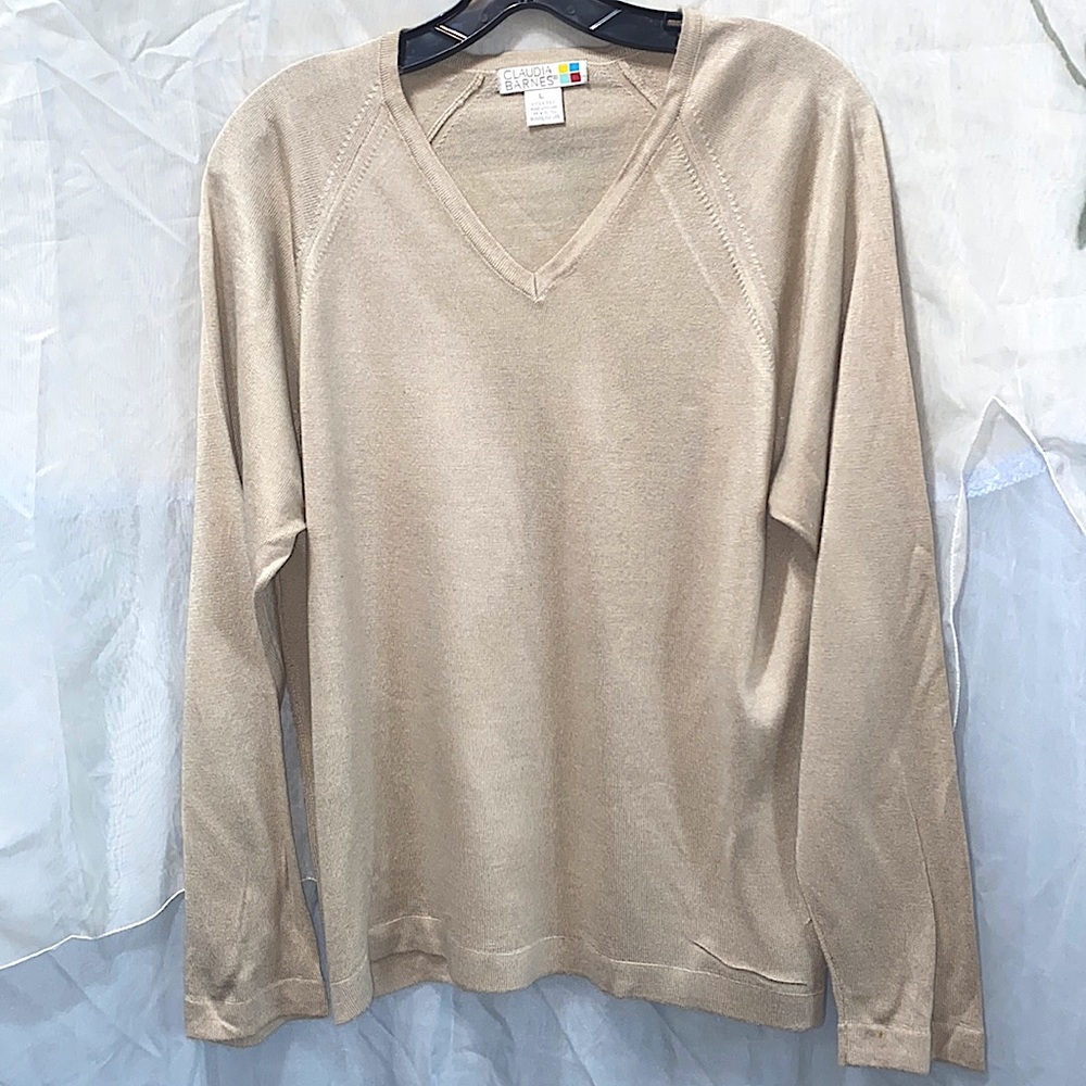 CLAUDIA BARNES TAN LNG SLV V-NK SWEAT. SZ L